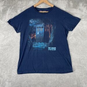 Dr Who Shirt Mens Large Navy Blue TARDIS Daleks Movie Graphic Tee 2015 BBC